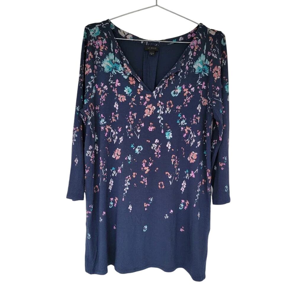 J Jill Wearever Collection Floral Top Blue Multicolor Women Size M 3/4 Sleeve
